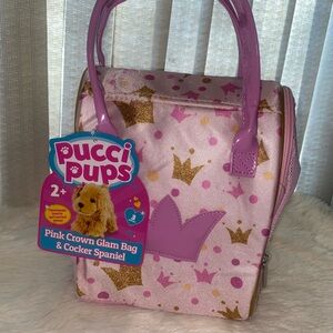 Pucci Pups Pink Crown Glam Bag with a Cocker Spaniel plush puppy set